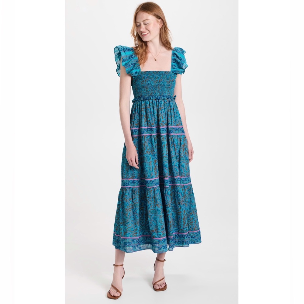 Cleobella Marilyn Ankle Midi Dress in Zuri‎ Block Print Blue